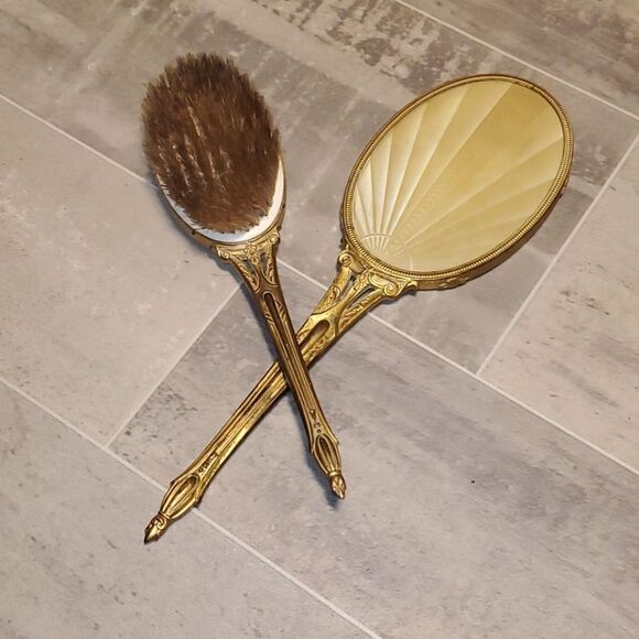 RARE Vintage Brass Beveled Hand Mirror&Brush - Picture 2 of 16